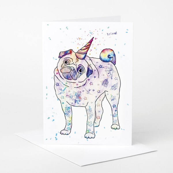 Pug Unicorn Birthday Card (pug congratulations card, pug celebration card, tattoo, rainbow, believe in yourself, motivational)