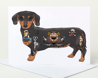 Tattoo Sausage Dog Birthday Card (blank dachshund card, tatto card, dog lover card, dog congratulations card, dog celebration card)