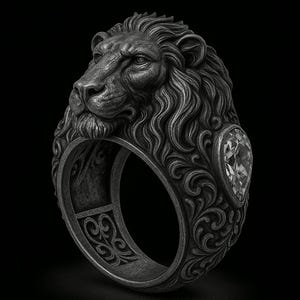May include: A detailed, silver-toned ring featuring a lion's head with flowing mane. The ring has an ornate, swirling pattern and a large, clear gemstone. The design is set against a black background.