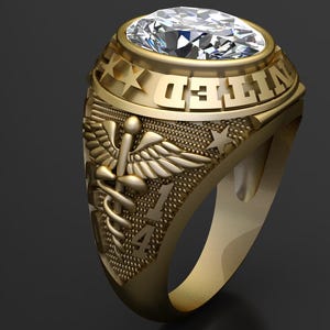 Custom Military Signet Ring for Men | Gold or Silver Army Navy Medical Caduceus Ring with Gemstone | United States Graduation Ring