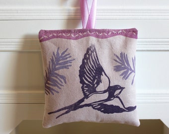 Lavender Sachet with Hand Printed Swallowtail Bird; Beautiful Linocut Printed Sachet; Hand Dyed Fabric from Blueberries; Nature Lover Gift