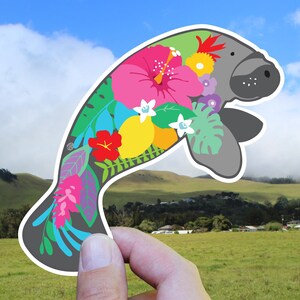 Manatee and Tropical Flower Waterproof Sticker; Use on Water Bottle, Laptop or Car image 2