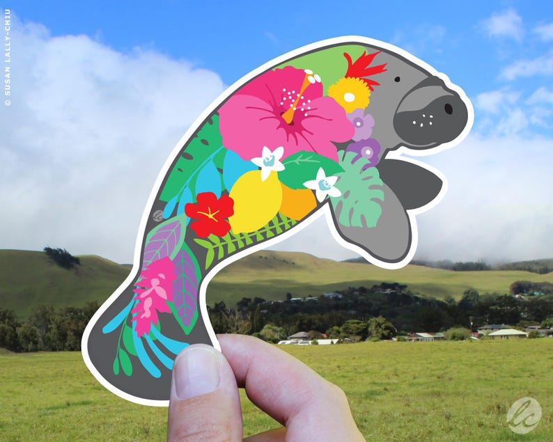 Manatee and Tropical Flower Waterproof Sticker; Use on Water Bottle, Laptop or Car image 2