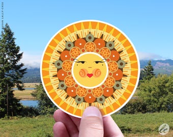Pegatina impermeable de alegre sol amarillo; úsala en botellas de agua, portátiles o coches.