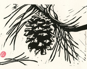 Pine Cone Original Linocut, Original Woodland Relief Print, Pine Tree Art, (8"x10") Small Print