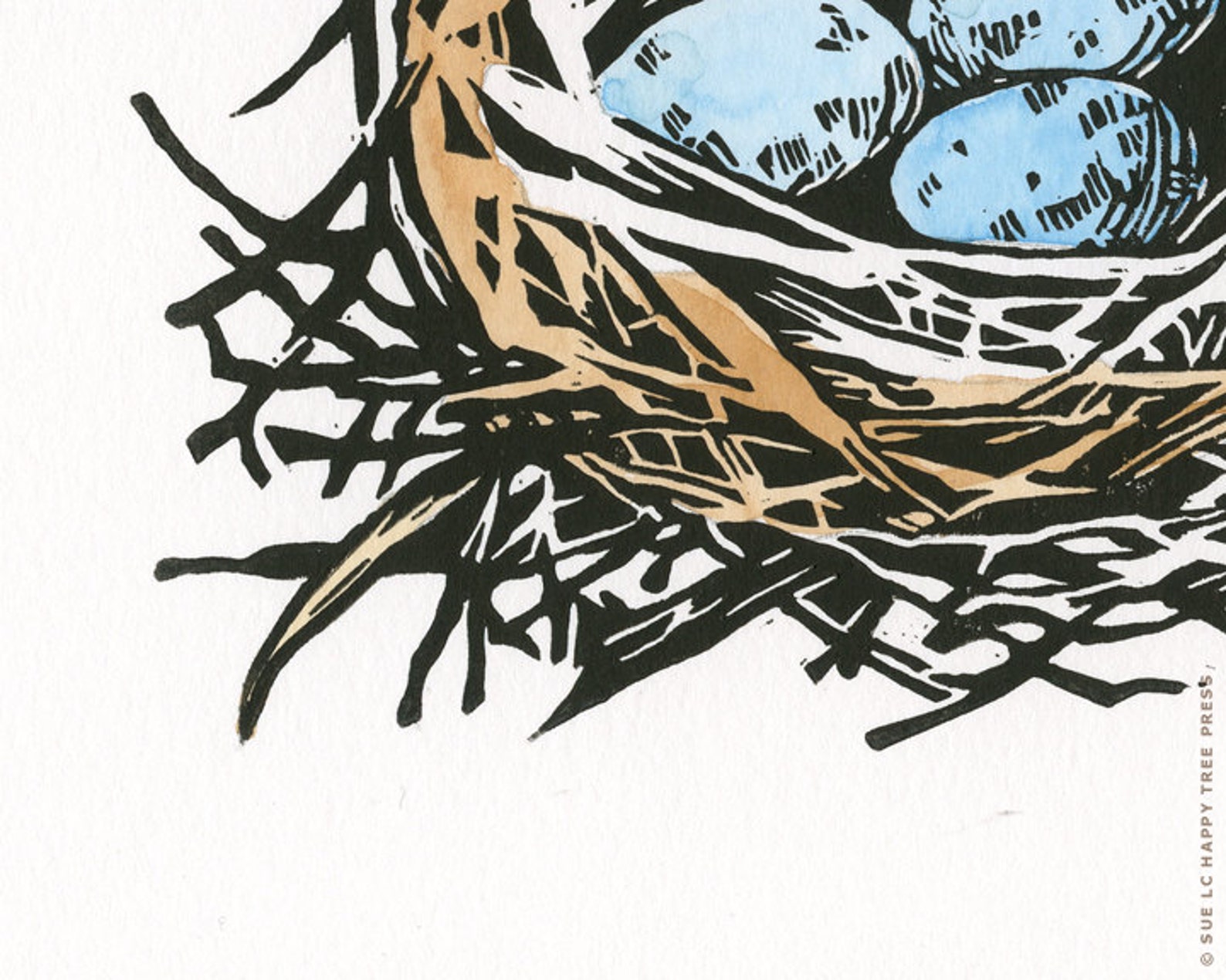 Bird Nest Original Linocut 8 X 10 Art With Blue Etsy