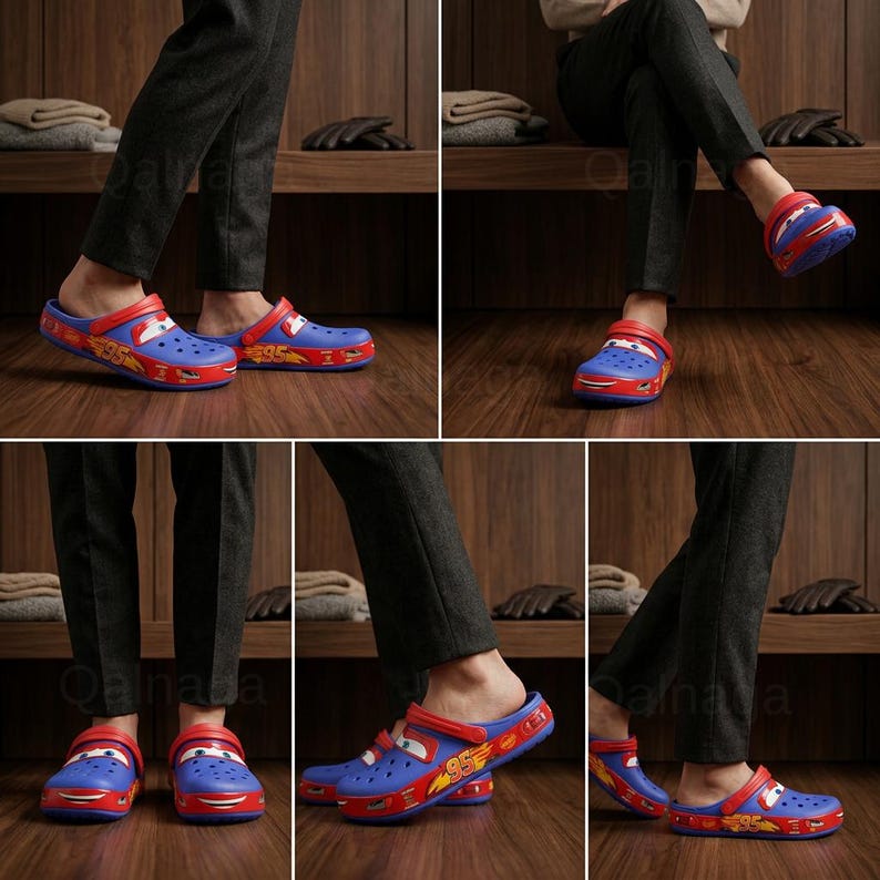 May include: Blue and red clogs featuring a Lightning McQueen design. The clogs have a red strap and a graphic of the number 95 and flames. The shoes are made of a lightweight material and are suitable for casual wear.