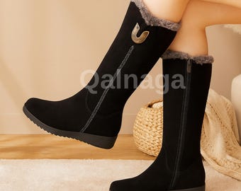 Women’s Warm Fur Chelsea Boots – Chunky Mid-Calf Winter Snow Boots with Side Zip, Plush Lined Flat Boots for Cold Weather Fashion