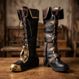 May include: A pair of knee-high boots in black with brown and gold accents. The left boot features gold trim and a gold toe cap, while the right boot has brown straps and buckles. Both boots include black laces and a folded cuff at the top.