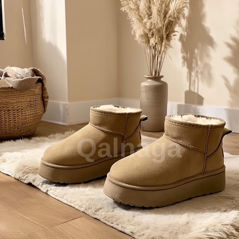 Op de afbeelding: Een paar bruinbeige enkellaarsjes met een plateauzool. De laarzen hebben een su&egrave;de-achtige textuur en een pluizig, cr&egrave;mekleurig interieur. De laarzen worden getoond op een wit tapijt.