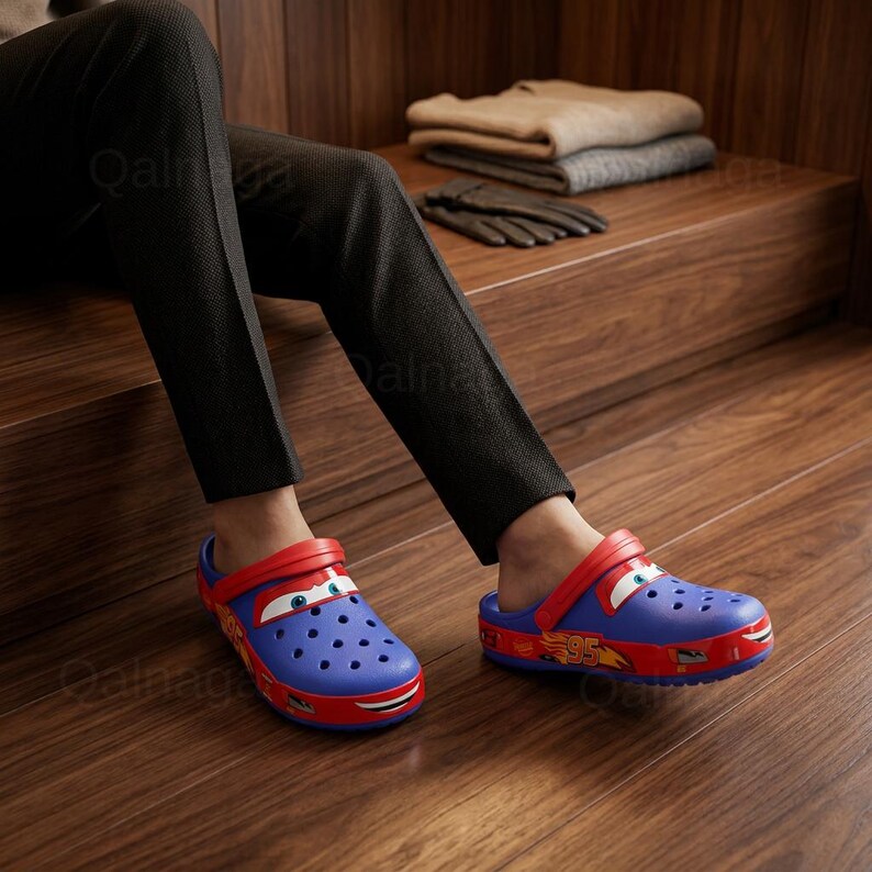 May include: Blue and red cartoon-themed clogs. The clogs feature a red strap, a cartoon car face on the front, and the number 95 on the side. The shoes are worn by a person sitting on a wooden surface.