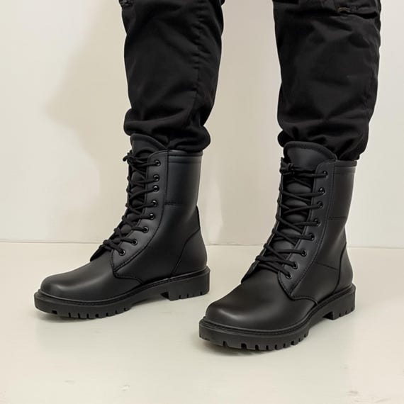 Black Tactical Leather Boots | Heavy-Duty Lace-Up Combat Footwear for Outdoor Work, Hiking, Survival, Durable Military Style Gear