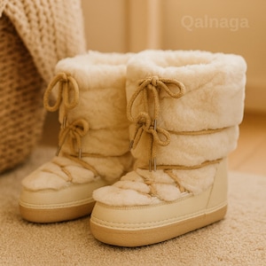 May include: A pair of cream-colored winter boots with a faux fur lining and laces. The boots have a quilted design on the front and a beige rubber sole. The brand name "Qalnaga" is visible in the background.