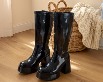 Stivali da donna in pelle con tacco alto fatti a mano, spessi e con punta quadrata, eleganti e comodi, disponibili nelle taglie dalla 34CN alla 48CN.