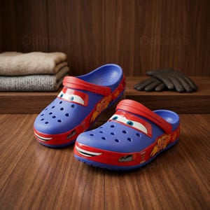 May include: A pair of blue and red Lightning McQueen-themed clogs. The clogs feature a cartoon car design with the number 95 on the side. The shoes are made of a rubber-like material and have multiple ventilation holes.