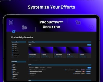 Pode incluir: Um tablet exibindo o modelo Notion Productivity Operator com uma interface azul escura e preta. A tela mostra seções para ações rápidas, áreas da vida e tarefas, com o texto Productivity Operator e Systemize Your Efforts visível.