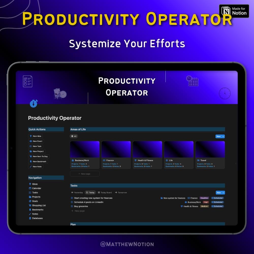Productivity Operator Notion Dashboard Project Planner, Goal Tracker (Digital Download)