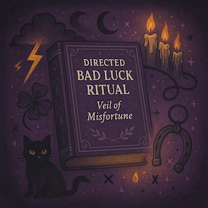 May include: A digital illustration featuring a purple book titled "Directed Bad Luck Ritual", a horseshoe, candles, a black cat, and a four-leaf clover. A lightning bolt and crescent moons are also present, set against a dark purple backdrop.
