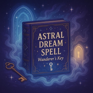 May include: A digital illustration of a book titled "Astral Dream Spell: Wanderer's Key" with a gold key and a keyhole. The book is blue with gold accents and surrounded by a mystical, starry background with swirling clouds.