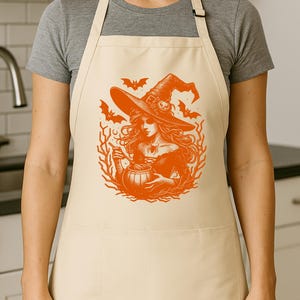 Halloween Witch Apron, Spooky Kitchen Apron with Witch and Cauldron, Vintage Witch Cooking Apron, Halloween Party Baking Gift