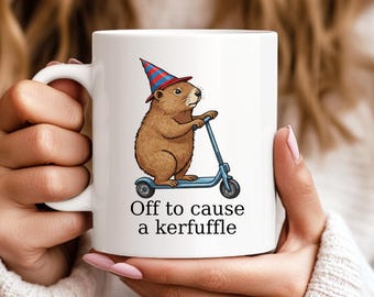 Off To Cause A Kerfuffle Coffee Mug Funny Groundhog Scooter Mug Silly Animal Mental Health Mug Adult Humor Sarcastic Mug