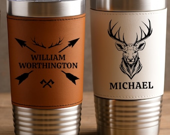 Personalized Leather Tumbler for Men, Custom Name Deer Hunting Cup, Engraved Hunter Gift, Rustic Groomsman Gift, Outdoor Camping Tumbler