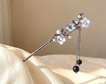 Fairycore Schmetterling Haarstab, Blaue Blume Quaste, Elfen Haarschmuck