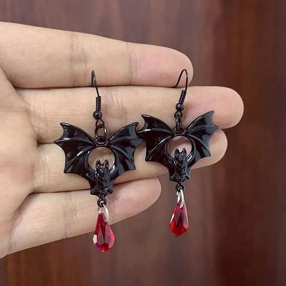 Gothic Vampire Bat Earrings: Red Crystal Witch Jewelry
