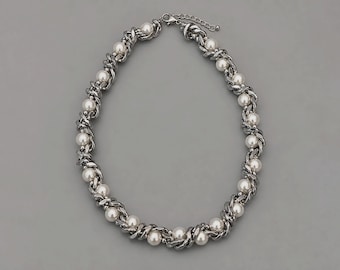 Half Pearl Half Chain Choker, Chunky Stainless Steel Punk Necklace, Gothic Statement Piece