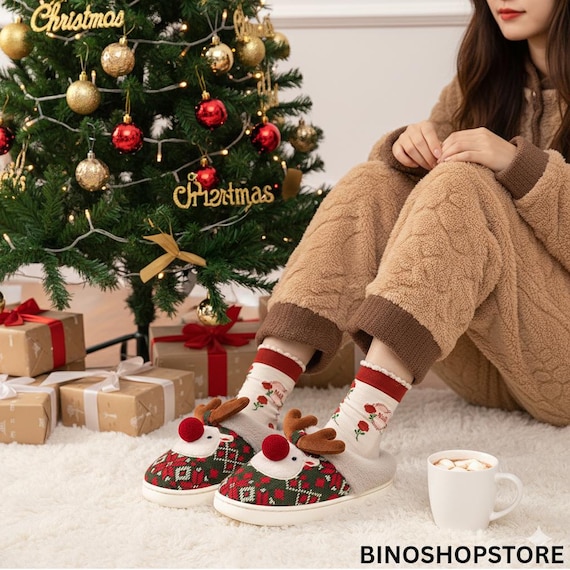 Cozy Christmas Reindeer Slippers, Knitted Holiday Footwear