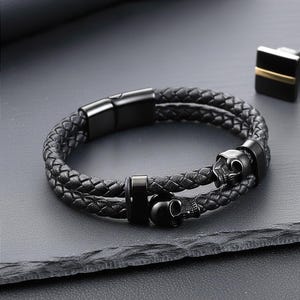 Bracciale da uomo regolabile in pelle e teschio biker Frankenstein in acciaio