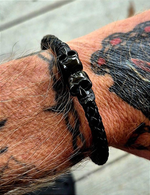 Men's Black Braided Leather Bracelet with Twin Silver Skulls - Stainless Steel Biker Jewelry - Gothic Wristband - hyperbole men jewelry