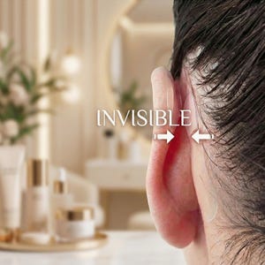 Può includere: Primo piano di un orecchio con un prodotto trasparente, quasi invisibile, applicato. La parola "INVISIBLE" è visualizzata in testo bianco con frecce che puntano verso l'orecchio. Lo sfondo è sfocato, suggerendo un bagno con prodotti di bellezza.