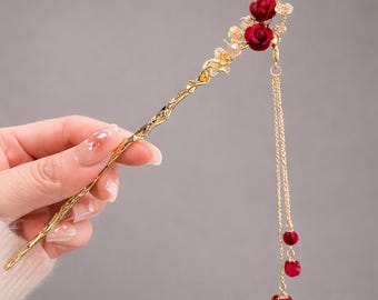 Red Rose Floral Hair Stick, Gold Tassel Bridal Hair Accessory, Vintage Wedding Jewelry
