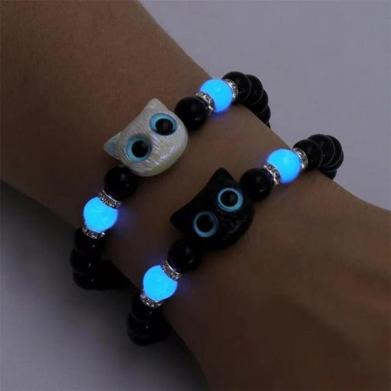 Glow-in-the-Dark Owl & Cat Charm Bracelet Beaded Couple Jewelry