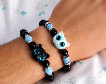 Pulseira com pingente de gato que brilha no escuro, joias pretas para casais com miçangas, acessório kawaii de animal.