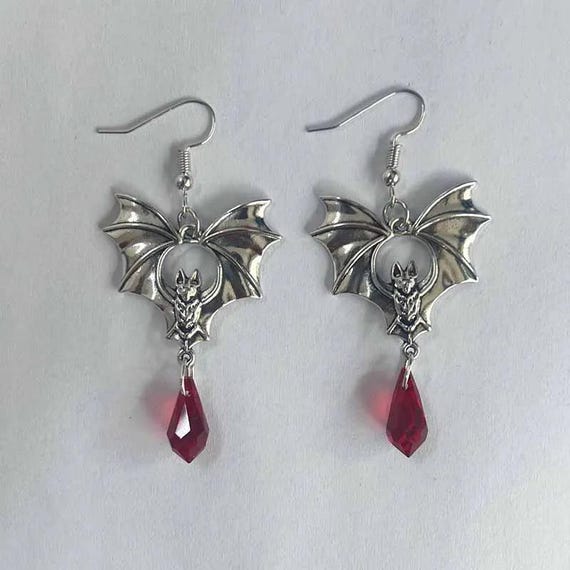 Gothic Vampire Bat Earrings: Red Crystal Witch Jewelry