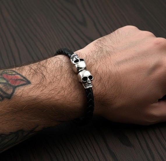 Men's Black Braided Leather Bracelet with Twin Silver Skulls - Stainless Steel Biker Jewelry - Gothic Wristband - hyperbole men jewelry