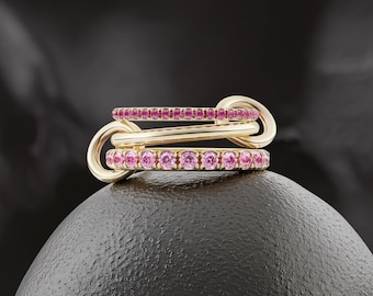 Anillo entrelazado chapado en oro de 18 quilates: zafiro rosa y circonita cúbica, hecho a mano.