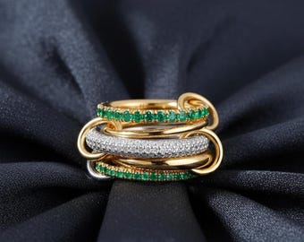Anillo multibanda de plata esterlina con moissanita y esmeralda, chapado en oro de 18 k