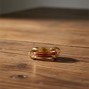 Könnte beinhalten: Ein goldfarbener Ring mit drei ineinandergreifenden Bändern. Eines der Bänder ist mit einer Reihe kleiner, rechteckiger, roter Edelsteine besetzt. Der Ring liegt auf einer Holzoberfläche.