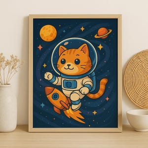 Lustige Astronauten Katzen Wandkunst - Weltraum Orange Katze Digitaler Download - Süßes druckbares Poster für Katzenliebhaber
