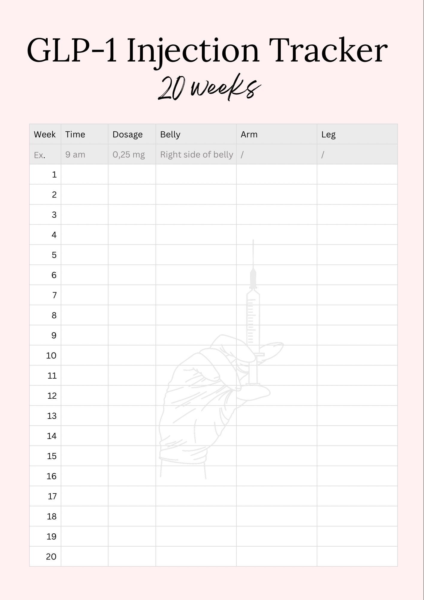 Word Doc Injection Log GLP-1 Injection Tracker Printable | 20-week Ozempic Wegovy Mounjaro ...