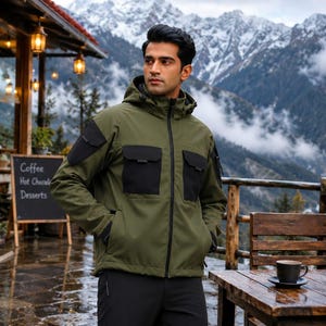 Army Green Outdoor Performance Jacket for Men, Waterproof Hooded Tactical Softshell Jacket, Windproof Hiking Camping Travel Coat, gift wear