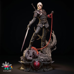 May include: A detailed statue of a female warrior from The Witcher series. She is clad in dark armor, holding a sword and a red rope, standing on a monster's head. The base features a wolf emblem.