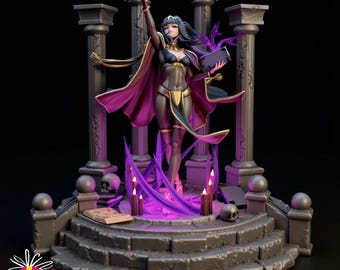 May include: A detailed figurine of a sorceress in a black and gold outfit, with a flowing purple cape, standing on a stone platform. The scene includes pillars, candles, skulls, and a spell book, all set against a dark background.
