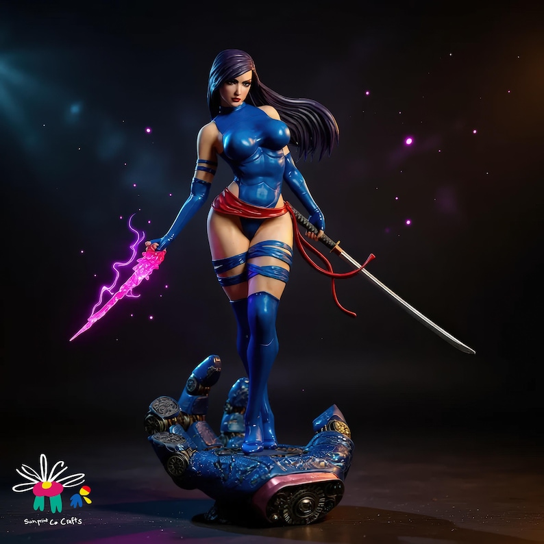 Psy ninja warrior STL statue with glowing psychic blade and katana