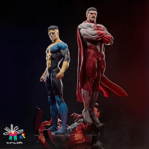 Puede incluir: Dos figuras de superhéroes de pie una al lado de la otra sobre una base rocosa. Una figura viste un traje azul y amarillo con un traje interior negro. La otra figura viste un traje rojo y blanco con una capa roja. El fondo es oscuro.