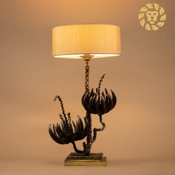 Handcrafted Brass Table Lamp with Floral Sculptural Design | Luxury Brass Lighting | Designer Home Decor