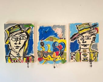 Matrosenliebe-Triptychon (Mixed Media): Acrylfarbe, Vintage-Schmuck, Holzplatten (3–9 x 12 x 1 Zoll)